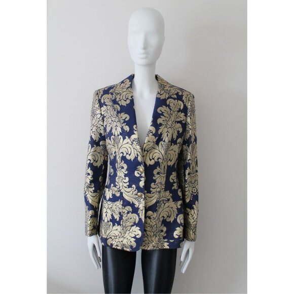 Moschino Jeans 90s Vintage Metallic Notch Collar Blazer Blue Gold Size 10 - Picture 1 of 12